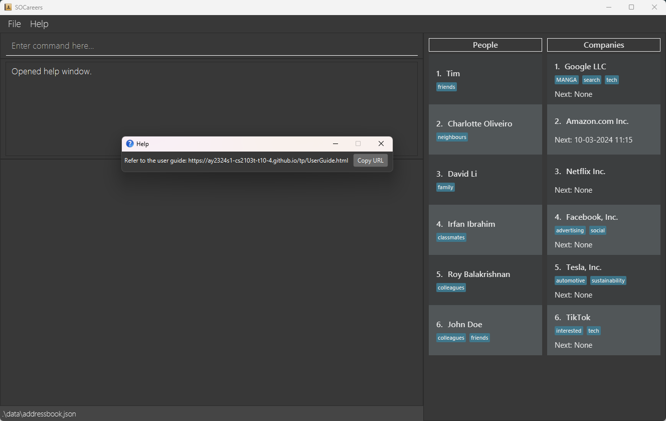 help pop up box with link to this User Guide